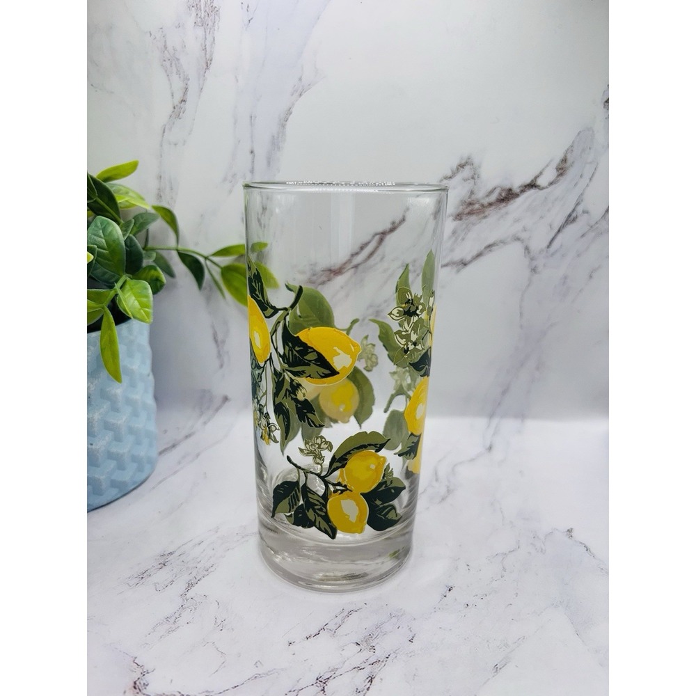 Vintage Lemon Highball Glass Yellow Green Fruit Floral Iced Tea Tumbler 6"